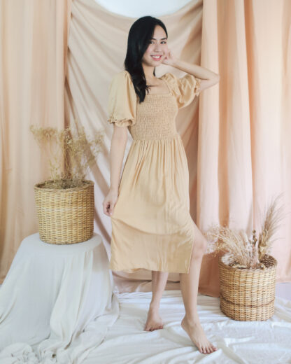 Penelope Smocked Midi Dress with Slit in Nude Beige - Image 3