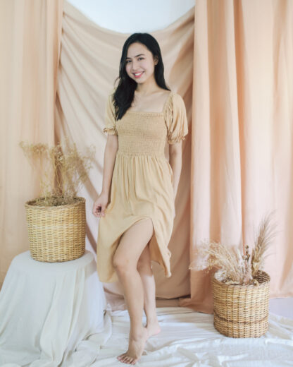 Penelope Smocked Midi Dress with Slit in Nude Beige - Image 2