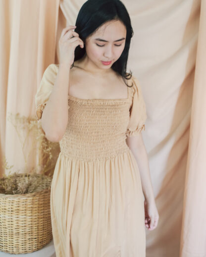 Penelope Smocked Midi Dress with Slit in Nude Beige - Image 5