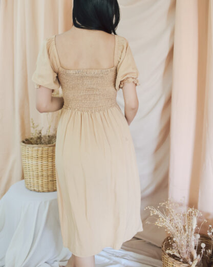 Penelope Smocked Midi Dress with Slit in Nude Beige - Image 10