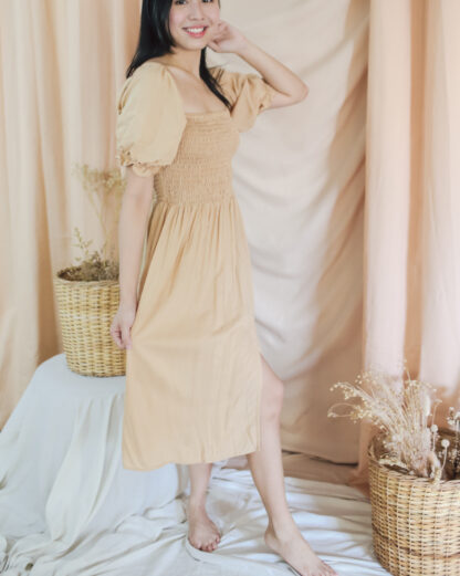 Penelope Smocked Midi Dress with Slit in Nude Beige - Image 11