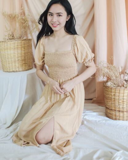Penelope Smocked Midi Dress with Slit in Nude Beige - Image 4