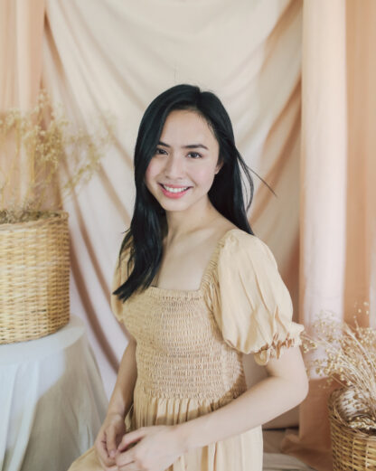 Penelope Smocked Midi Dress with Slit in Nude Beige - Image 7