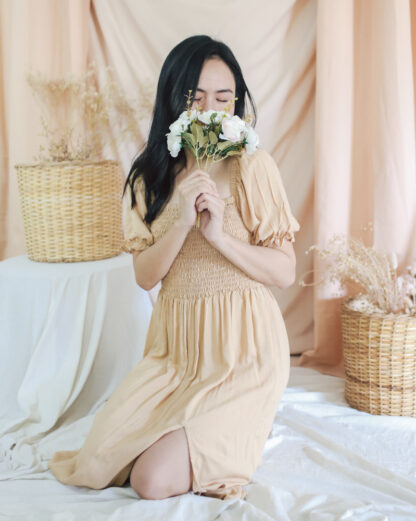 Penelope Smocked Midi Dress with Slit in Nude Beige - Image 9