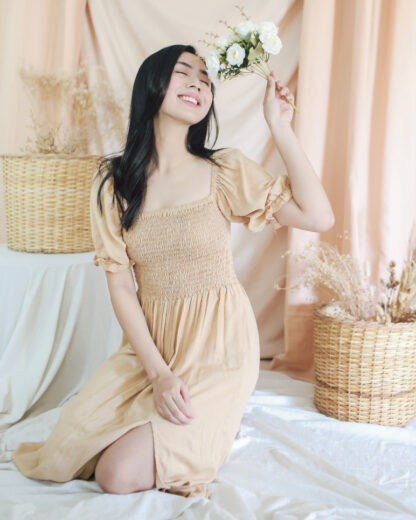 Penelope Smocked Midi Dress with Slit in Nude Beige