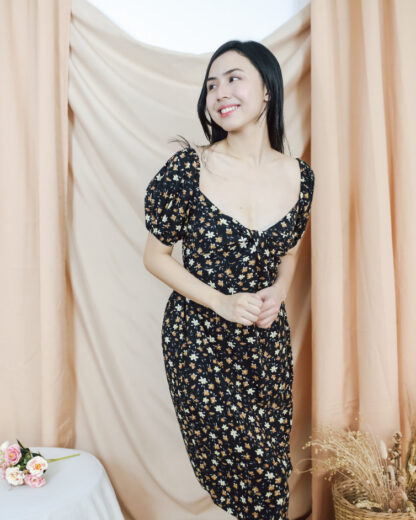Martina Midi Dress with Slit, Knotted Neckline in Dark Daffodil