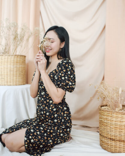 Martina Midi Dress with Slit, Knotted Neckline in Dark Daffodil - Image 9